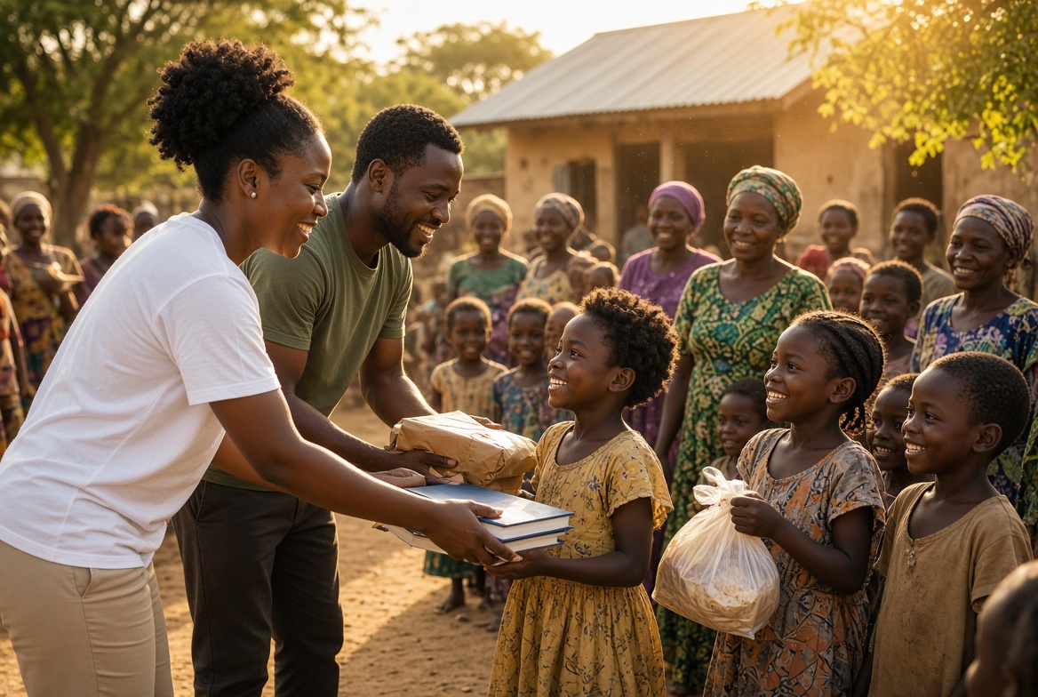 Two adults hand books and a wrapped parcel to smiling children as women look on in a village yard.
