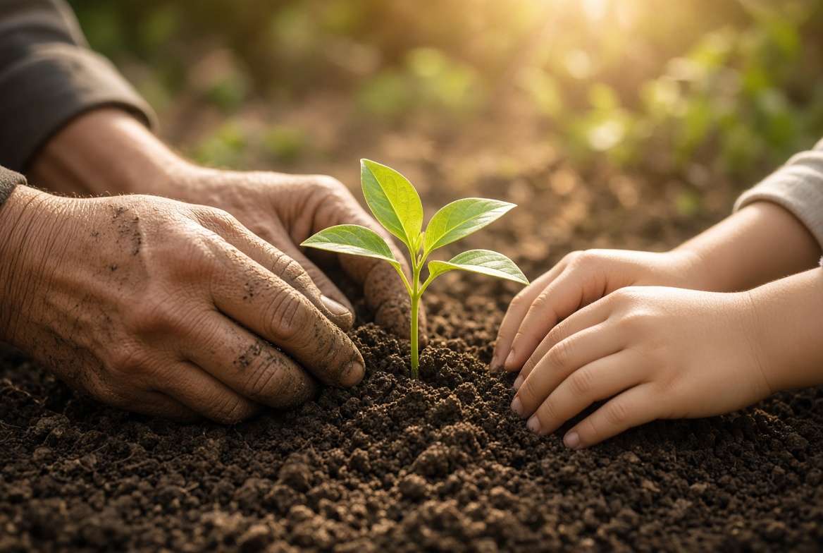 An older pair of hands and a child's hands press soil around a young seedling.
