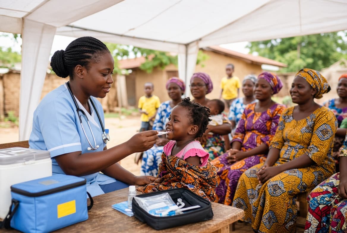 A nurse in blue scrubs examines a smiling toddler under a white tent while mothers wait on a bench.