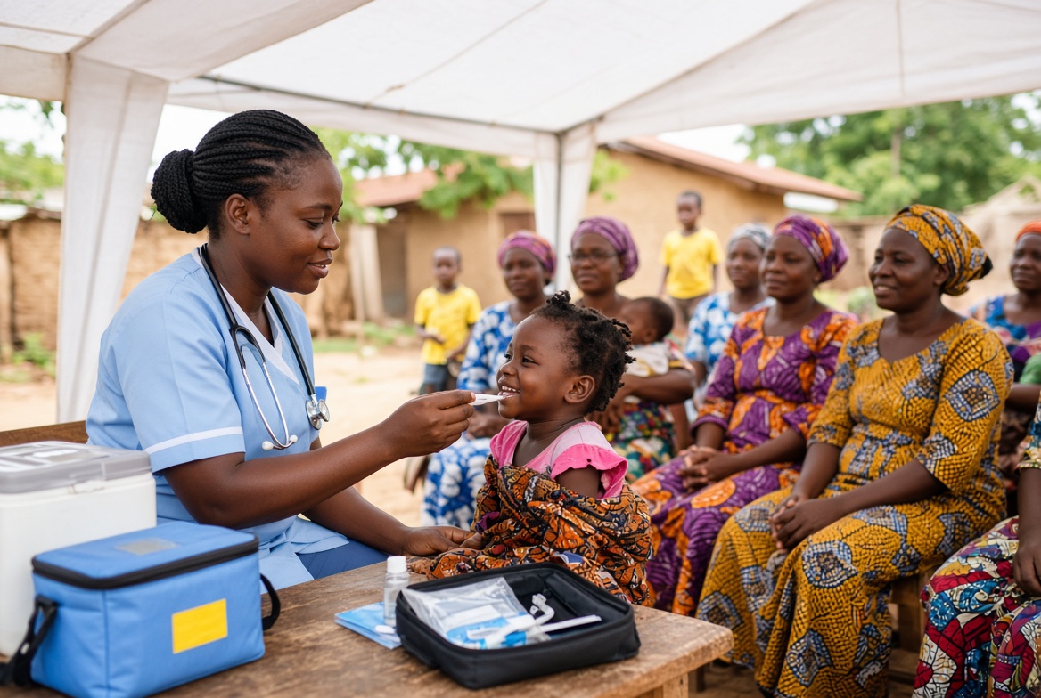 A nurse in blue scrubs examines a smiling toddler under a white tent while mothers wait on a bench.